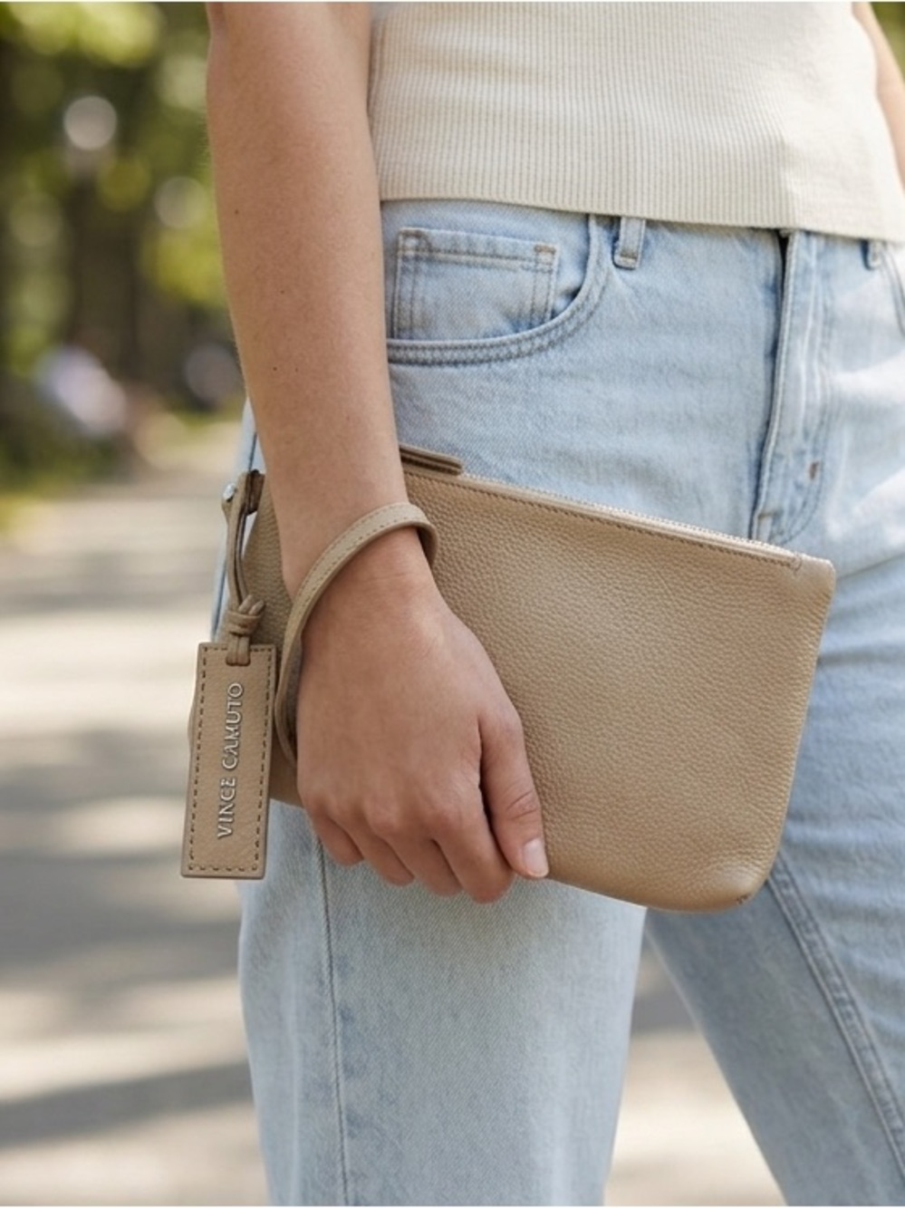 Vince Camuto Beige/Tan Leather Wristlet Clutch